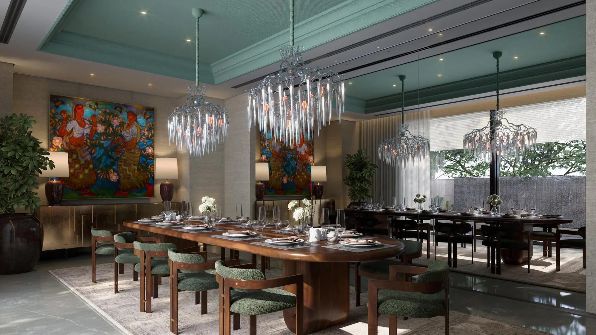 Private dining room, Delhi residence, layered timber and warm pendant light.