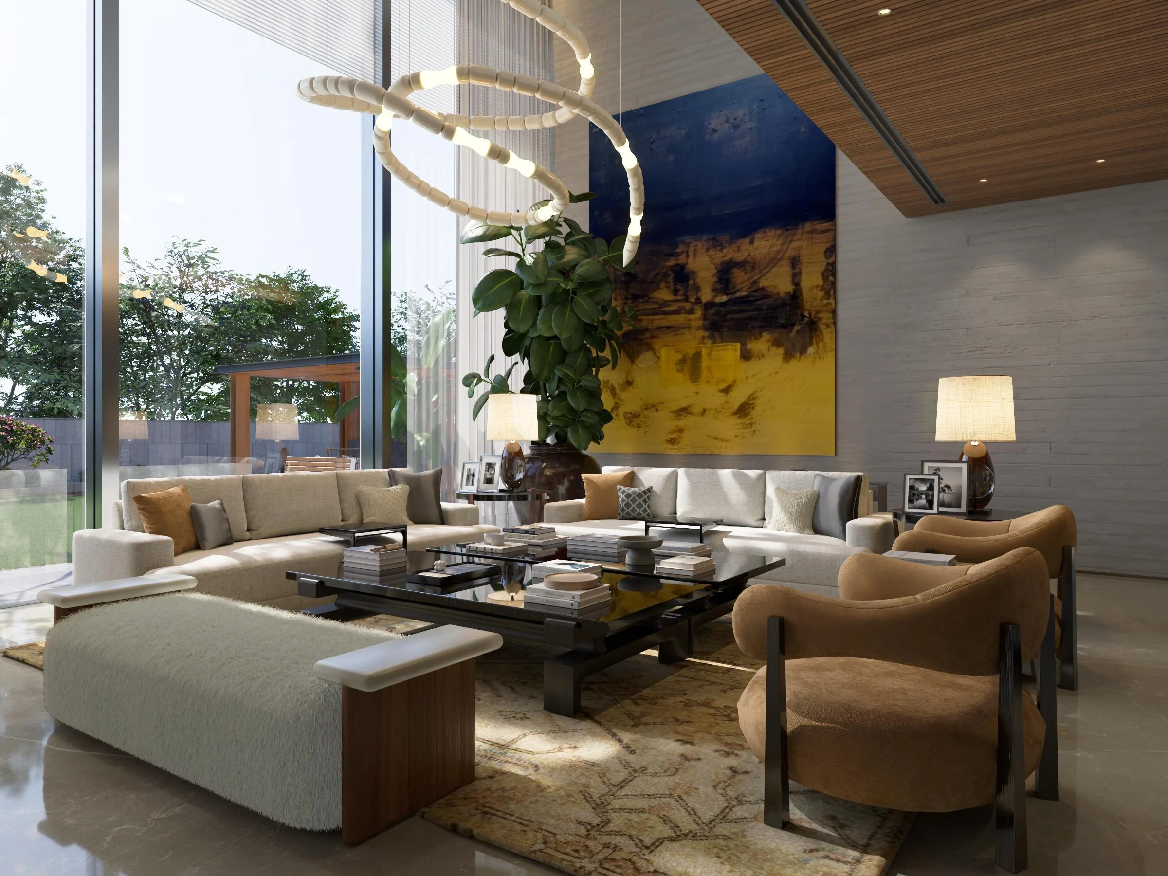mumbai outhouse double height living room 3d view