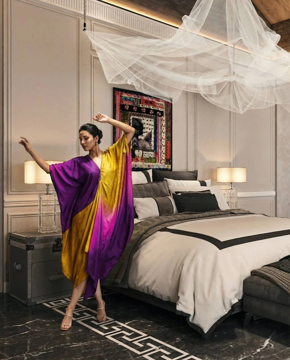 Bedroom interior with patterned floor and canopy, private residence in Goa by Gauri Khan Designs, visualised by 256 GRAYS