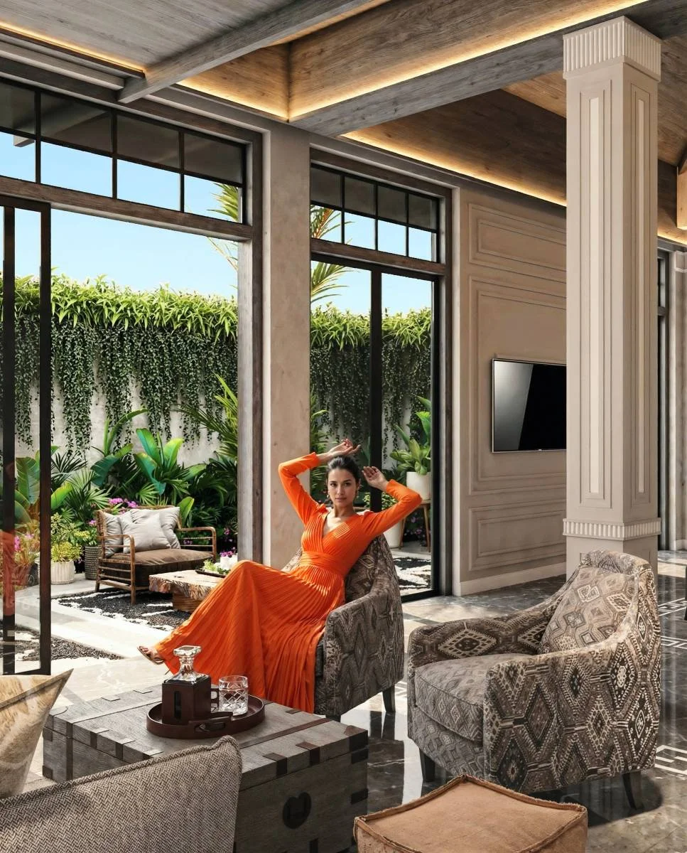 Indoor-outdoor living area with seating, private residence in Goa by Gauri Khan Designs, visualised by 256 GRAYS