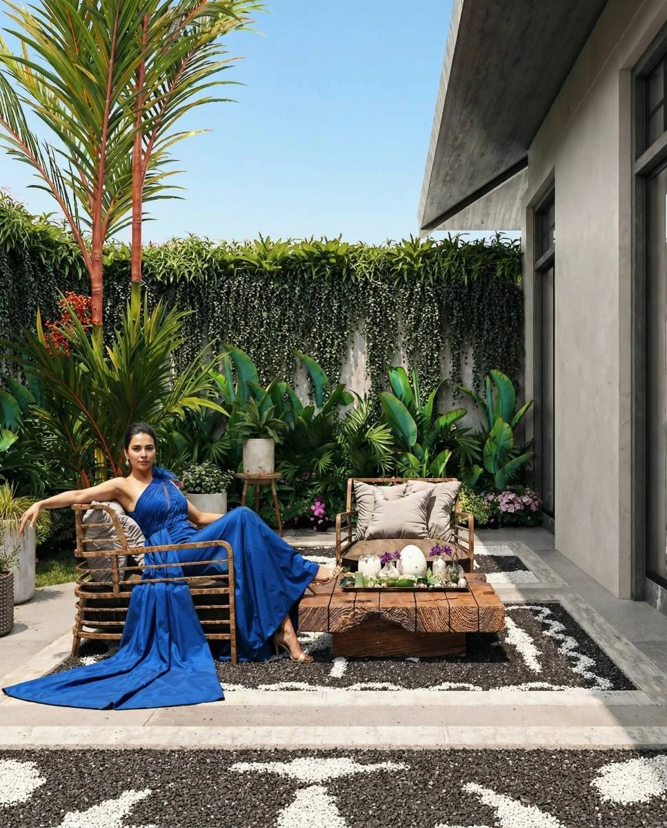 Outdoor garden and seating area, private residence in Goa by Gauri Khan Designs, visualised by 256 GRAYS