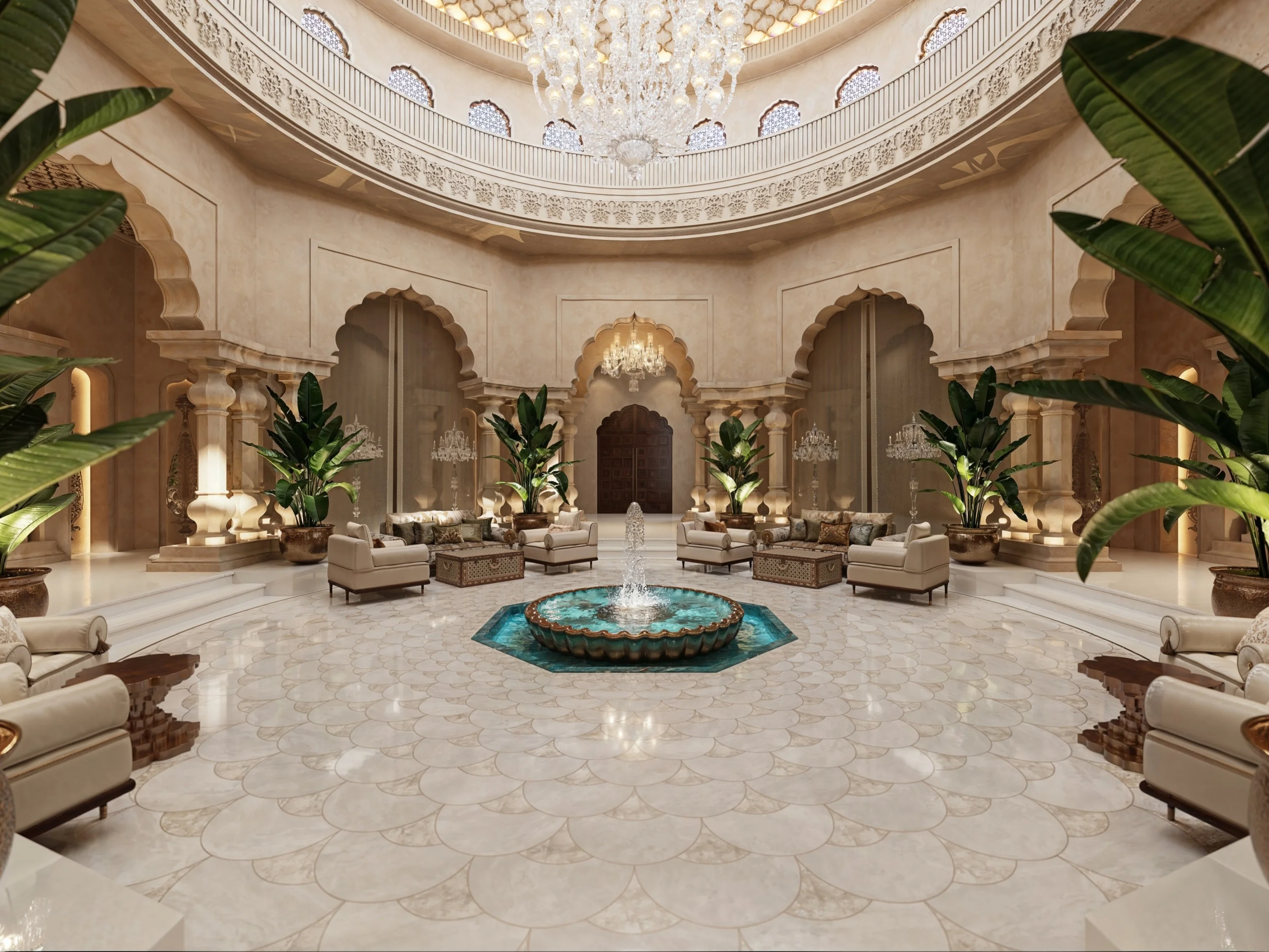 Palace atrium in Saudi Arabia: crystal chandelier under a domed ceiling, scalloped arches and a turquoise fountain