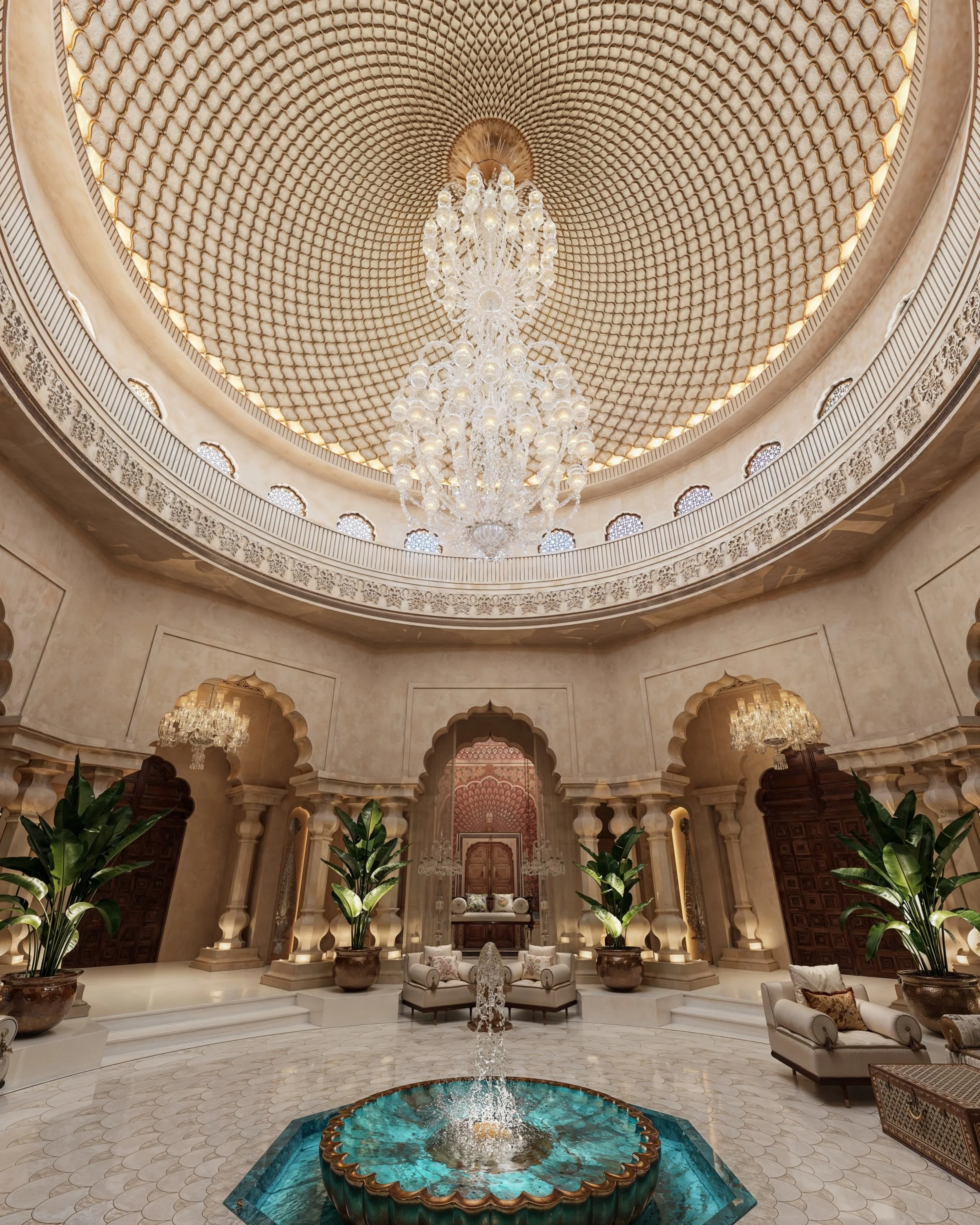 Looking up into the lattice dome, the crystal chandelier hanging high above the turquoise fountain