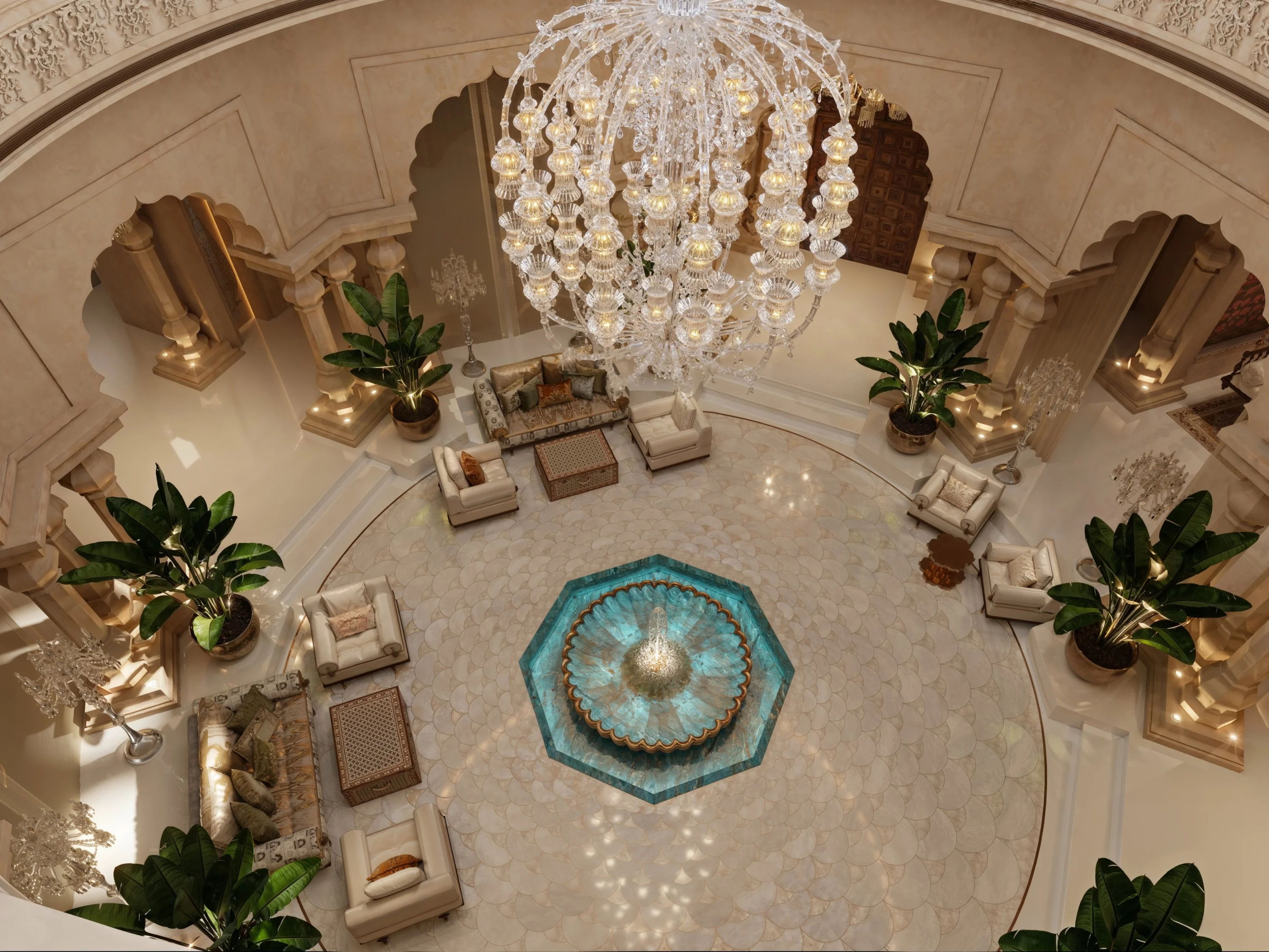 The atrium from above: chandelier, octagonal fountain and seating set around the round stone floor